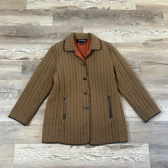Weatherproof Quilted Barn Jacket Brown Button Front Riding Coat Orange Lining L - Picture 1 of 9